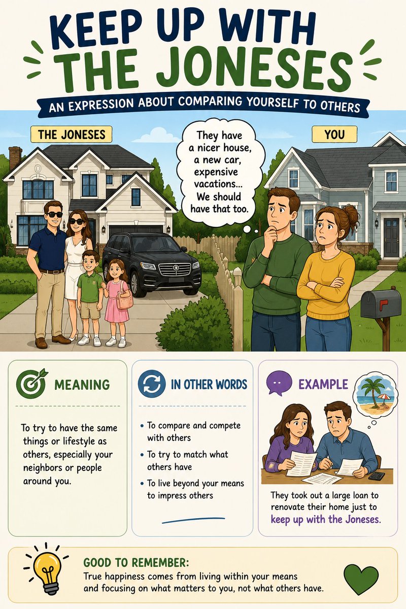 Herminio_EOI's tweet photo. ✔️Keep up with the Joneses

》To try to match other people's lifestyle or possessions because you don't want to seem less successful than they are.

▪︎ His car worked perfectly, but he bought a luxury SUV just to keep up with the Joneses.

#Leaning #English #idioms #vocabulary https://t.co/GYA83JcgfA