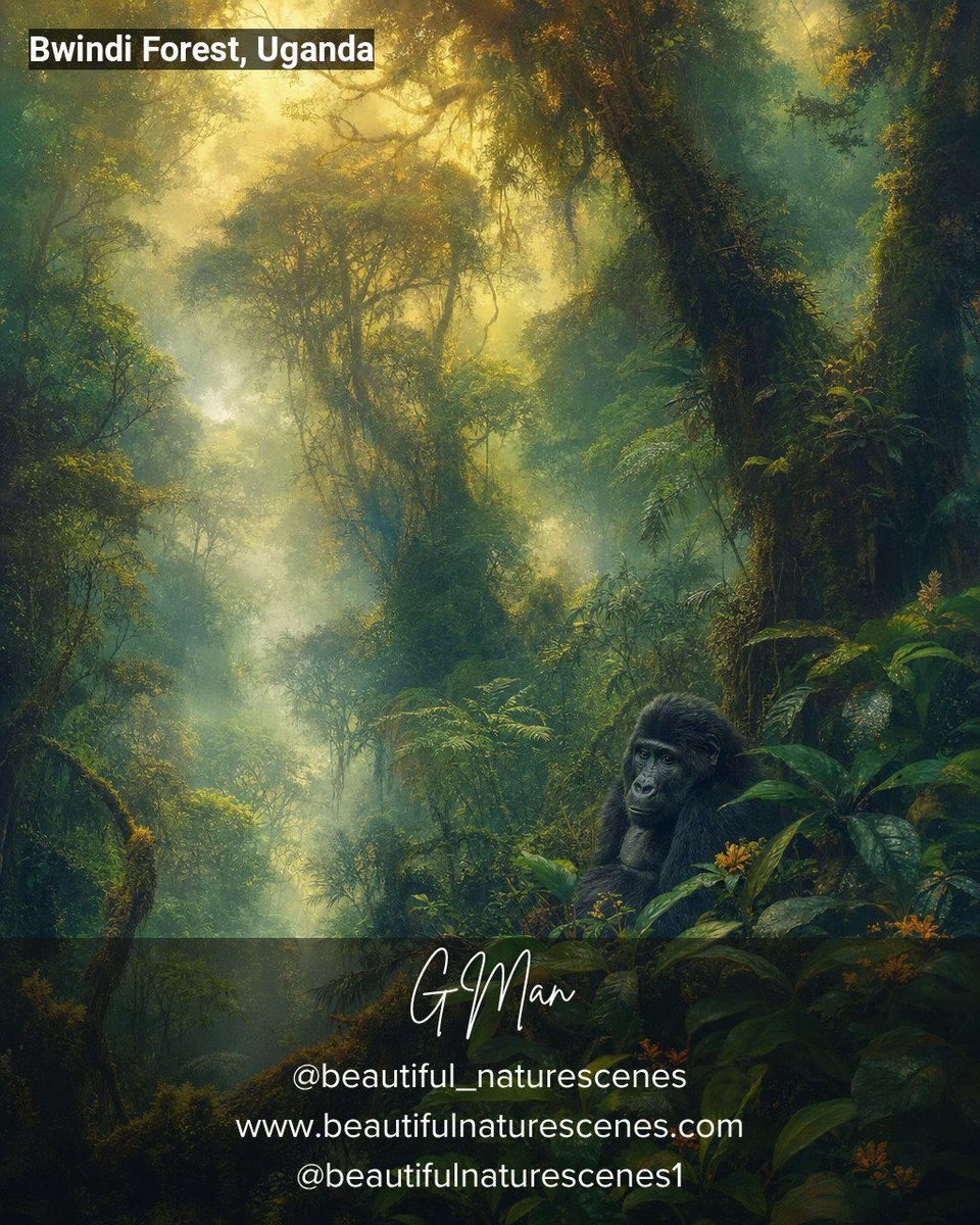 RoadSpaghetti's tweet photo. 📍 Bwindi Forest, Uganda · Reimagined
Mist clings to ancient trees as golden light filters through dense canopy, revealing a primordial world where mountain gorillas move silently through emerald shadows.
💡 Did you know: Bwindi Impenetrable National Forest is home to nearly half of the world's remaining mountain gorillas, making it one of the most biodiverse forests on Earth despite covering less than 0.3% of Uganda's land.
Save this post for your bucket-list trek through one of Africa's most magical and intimate wildlife sanctuaries.
@BeautifulNatureScenes · https://t.co/tsz2VaFjyo