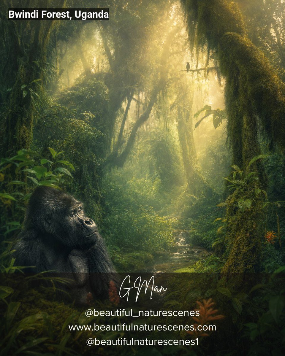 RoadSpaghetti's tweet photo. 📍 Bwindi Forest, Uganda · Reimagined
Mist clings to ancient trees as golden light filters through dense canopy, revealing a primordial world where mountain gorillas move silently through emerald shadows.
💡 Did you know: Bwindi Impenetrable National Forest is home to nearly half of the world's remaining mountain gorillas, making it one of the most biodiverse forests on Earth despite covering less than 0.3% of Uganda's land.
Save this post for your bucket-list trek through one of Africa's most magical and intimate wildlife sanctuaries.
@BeautifulNatureScenes · https://t.co/tsz2VaFjyo