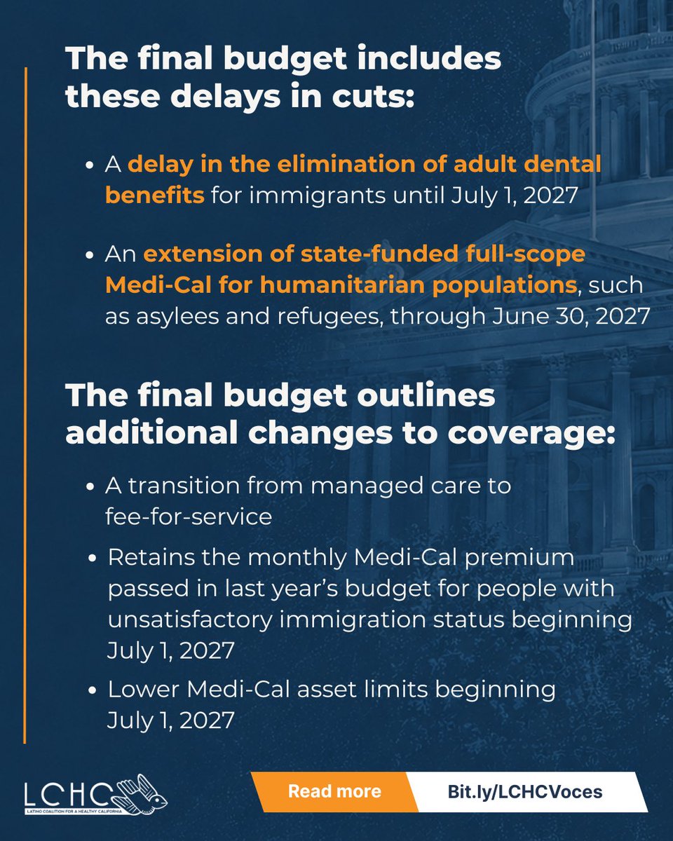 LCHC_CA's tweet photo. The final @CAgovernor 2026–27 CA state budget helps thousands of immigrant Californians stay connected to dental care and other essential benefits. But temporary relief is not the same as a permanent solution! 💯

Dr. Seciah Aquino shares, “Delays are not solutions.” California must use this time to fully restore access, pursue sustainable revenue solutions, and protect Medi-Cal from future political and budget uncertainty. ✊🏽

Swipe through to see what changed and what remains at risk. ➡️

Read our full statement at https://t.co/AxvLRiPVVF. 🔗