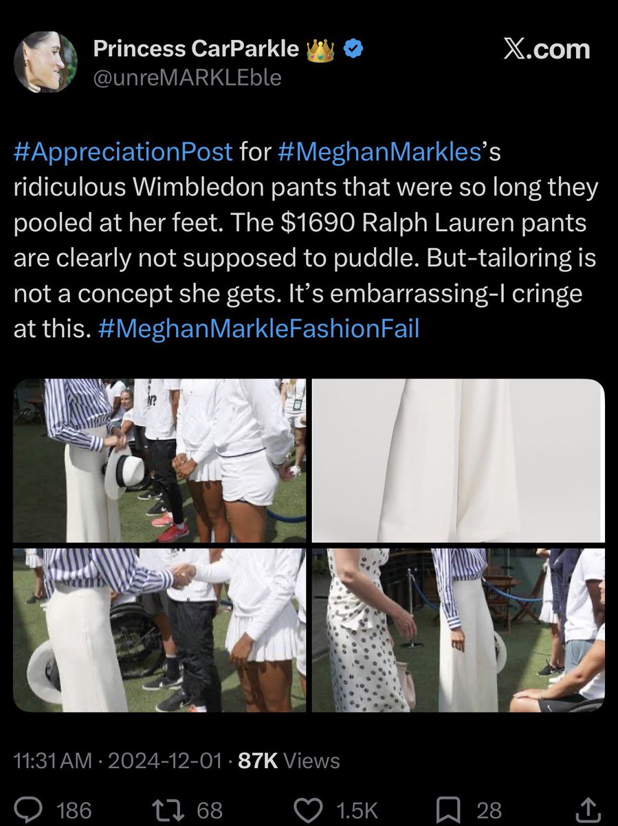 yourthickbigsis's tweet photo. There’s always an old tweet that contradicts royalist anti-Sussex fanatics when it comes to their criticism of Meghan.
Exhibit A- Meghan Sussex wearing pants to Wimbledon in 2018: cringeworthy
Kate Wales wearing trousers to Wimbledon in 2026: perfection
Very unserious bunch. https://t.co/yPZCSyA1us