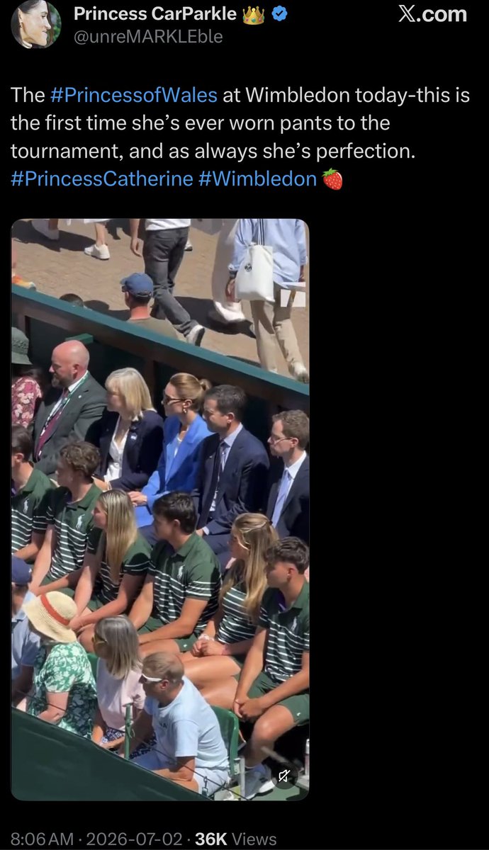 yourthickbigsis's tweet photo. There’s always an old tweet that contradicts royalist anti-Sussex fanatics when it comes to their criticism of Meghan.
Exhibit A- Meghan Sussex wearing pants to Wimbledon in 2018: cringeworthy
Kate Wales wearing trousers to Wimbledon in 2026: perfection
Very unserious bunch. https://t.co/yPZCSyA1us