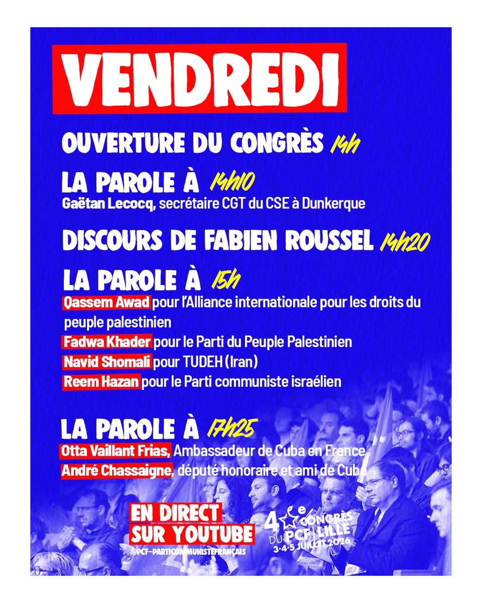 PCF's tweet photo. 🚩 40e Congrès du PCF : demandez le programme !

Pendant trois jours à Lille, se déroule le 40e Congrès du PCF.
Débats, votes, interventions des salariés d'Arcelor, émissions en direct, invités venus du monde politique, syndical, associatif et du mouvement communiste international…

🤝 Plus de 700 délégués venus de toute la France, plus de 20 partis communistes représentés issus des 5 continents,  ce rendez-vous marque une nouvelle étape pour construire les combats des années à venir.

De la Palestine à Cuba, de l'Europe aux services publics, de l'industrie à l'écologie, de la République à la jeunesse, retrouvez l'ensemble des temps forts qui rythmeront ce 40e Congrès.