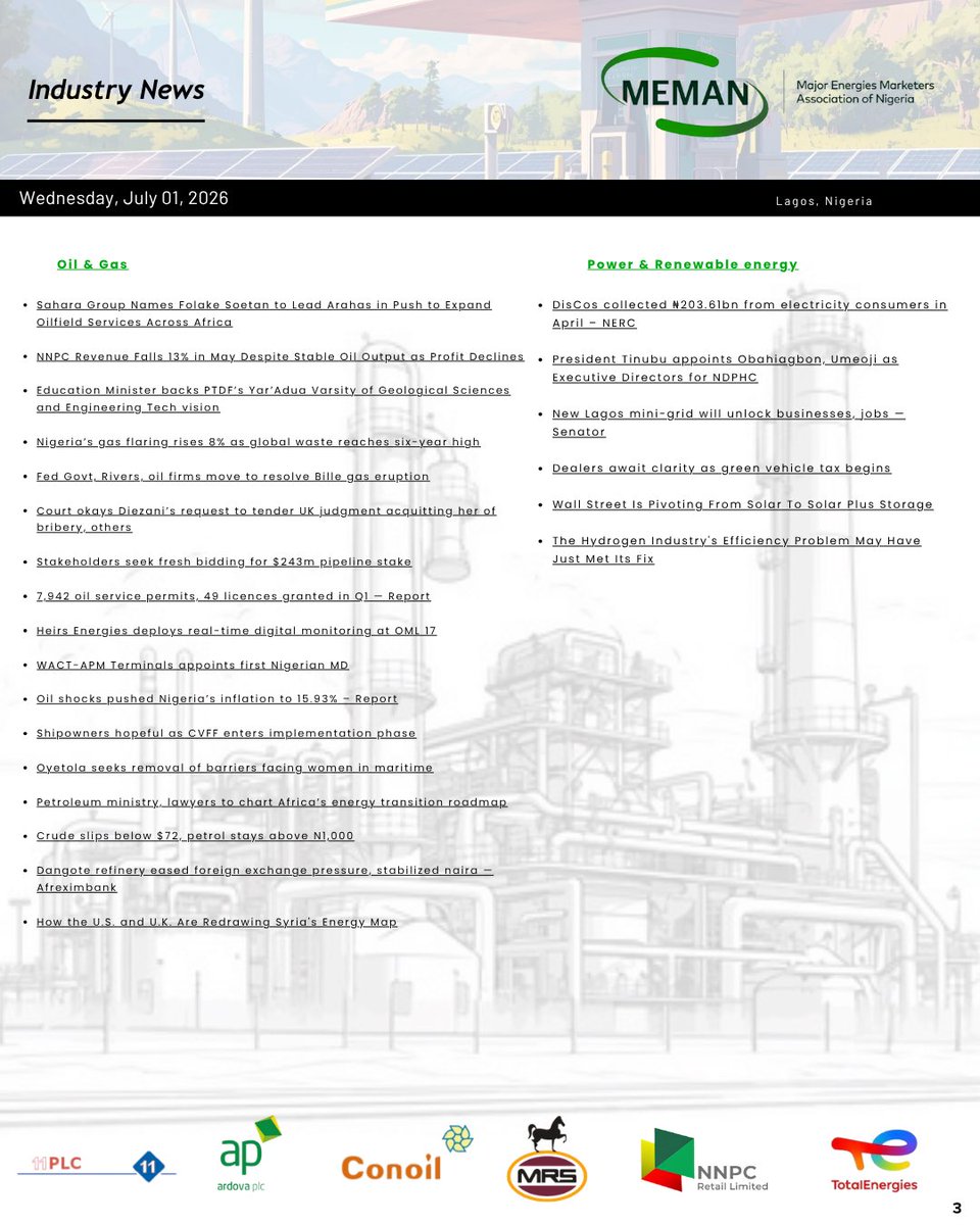 meman_info's tweet photo. July 01, 2026 — MEMAN Competency Centre Energy Bulletin: Import parity & gantry PMS, AGO and ATK prices, international crude indicators, and critical market headlines.
Read full industry news: https://t.co/Yd3kWKWDcf
#CompetencyCentreBulletin
#MEMAN https://t.co/k4ggKAZQwD