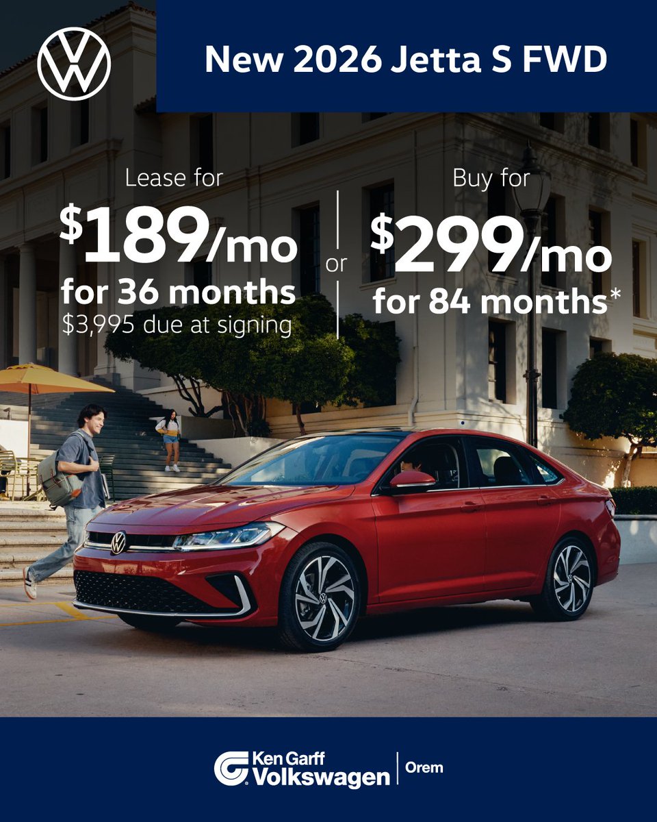 KGVWOrem's tweet photo. 🚗💨 Lease the new 2026 Jetta S FWD for just $189/month or buy for $299/month! 

Shop now: https://t.co/TVhSUvPrSu

*See dealer for details. Offer expires 7/31/2026. https://t.co/jr36ISpG4B