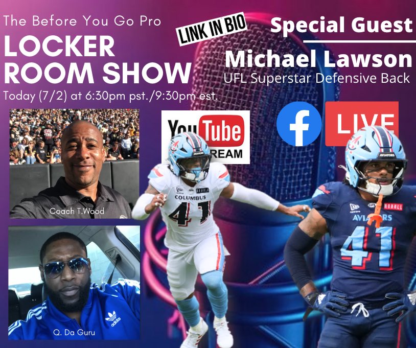 BeforeYouGoPro's tweet photo. Some have doors opened for them. 

Others have to kick it in! 😤

Join us as one of the top players in the @ufl @44beastLawson joins Coach Wood and
Q. Da Guru for a very timely Locker Room Show. 

The season is getting closer ladies and gentlemen.

Let’s lock in tonight! 🏈🔑🫡
#BYGP #MichaelLawson #UFL #CollegeFootball #ArenaFootball