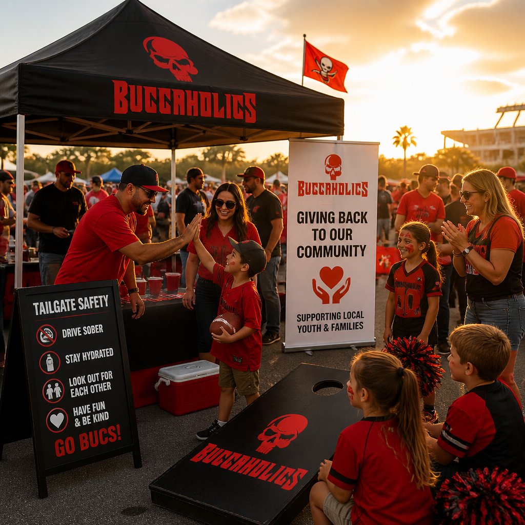 Buccaholics's tweet photo. Behind the scenes at our family-friendly Buccaholics tailgate! See how we plan for safety, fun, and community—parents, kids, and longtime fans all welcome. We’ve been doing this since 2015 and give back with every event. Join us next time! https://t.co/mHVnr33w2R #Buccaholics https://t.co/DJY7UPttBL