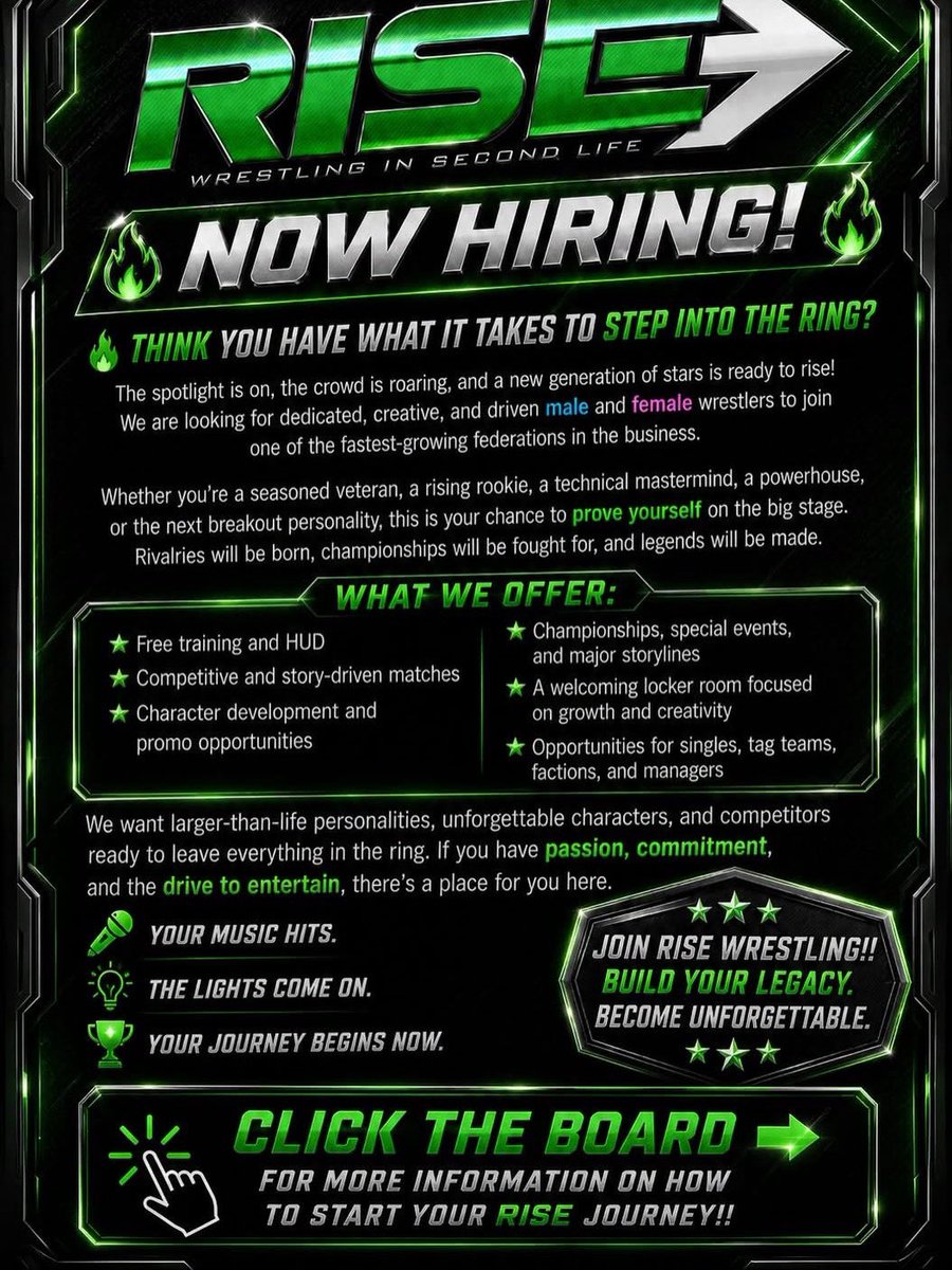 BasherBarbie's tweet photo. RISE WRESTLING IN SECOND LIFE
ARE NOW HIRING
Wrestlers, Referees, Valets and managers!

APPLY TODAY VIA FORM:
https://t.co/Eo1nq3QFL5
Contact me in SL: riserecruitrt
The Talent Acquisition Manager

LAND LM:
https://t.co/bd0KHjvz5Q…

Ring of International Stars Experience
RISE https://t.co/d3WjScMoao
