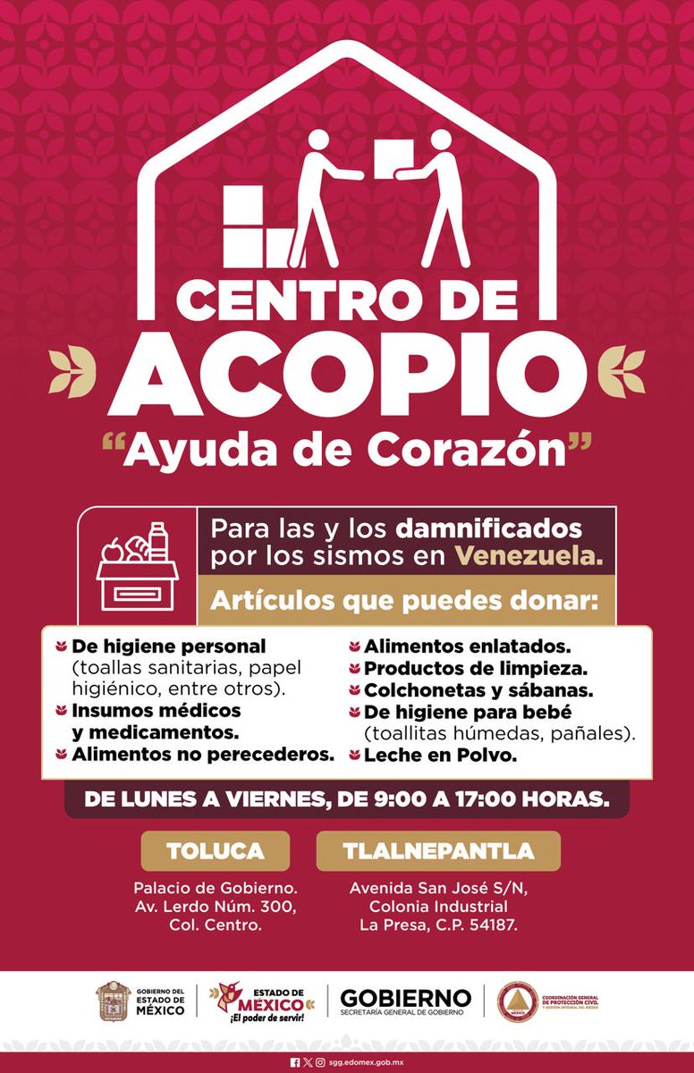 ysagaag's tweet photo. El @Edomex abrió centros de acopio en #Toluca y #Tlalnepantla para apoyar a las familias afectadas por los sismos en #Venezuela. Cada lata de alimento, pañal, medicamento o cobija puede hacer la diferencia.

📍 Lunes a viernes | 🕘 9:00 a 17:00 h
Donar también es salvar vidas. https://t.co/7SH3CqPHep