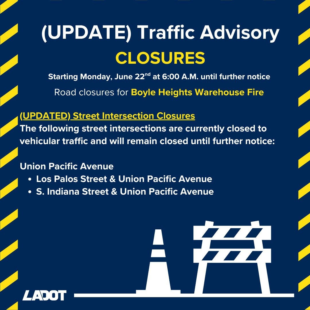 LADOTofficial's tweet photo. ⚠️UPDATE ⚠️Traffic Advisory: Road Closures in Boyle Heights
Beginning Monday, June 22, at 6:00 a.m., several street intersections in Boyle Heights will be closed to vehicular traffic until further notice.
Please plan ahead, allow extra travel time, and use alternate routes. https://t.co/Ybs8dhw9YW