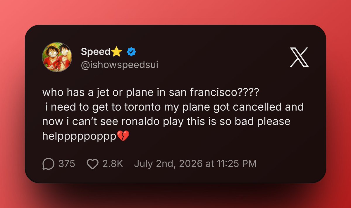 SpeedUpdates1's tweet photo. IShowSpeed asks fans for a private jet after his flight to Toronto was cancelled, saying he doesn't want to miss Cristiano Ronaldo's FIFA World Cup match 😭💔

The match kicks off in just 5 hours! 🇨🇦⏳ https://t.co/f2F7M0ishs