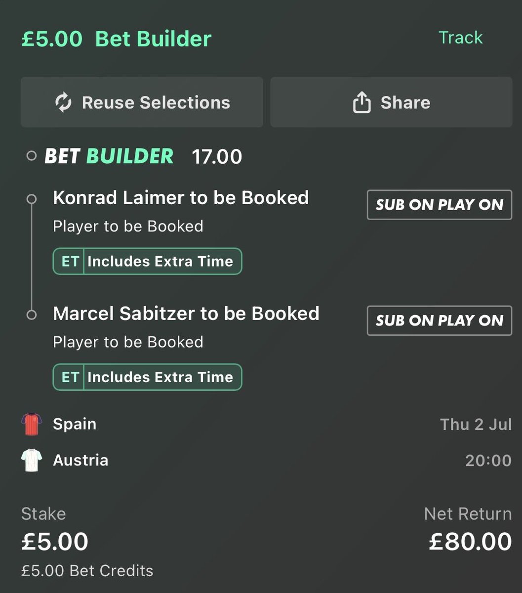 JnrPunts's tweet photo. 🇪🇸 Spain vs Austria 🇦🇹 

Card double

Using free bets here as the refs have been a joke even in the KO’s.

Bet sensibly if following. https://t.co/FxNcNzGmPY