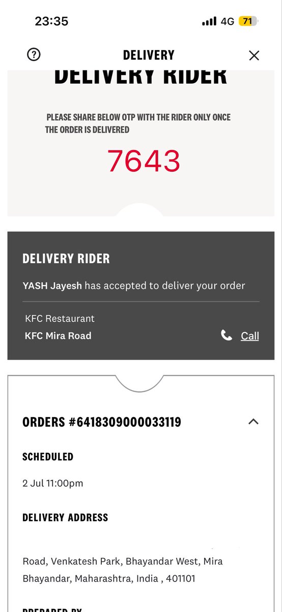 airplaysdj's tweet photo. @KFC_India I schedule my order online kfc app for 11:00 pm, it’s 11:44 yet the order is not delivered, restaurant not responding no information about delivery partner whom to contact this is not acceptable https://t.co/rXHuYvbtTk