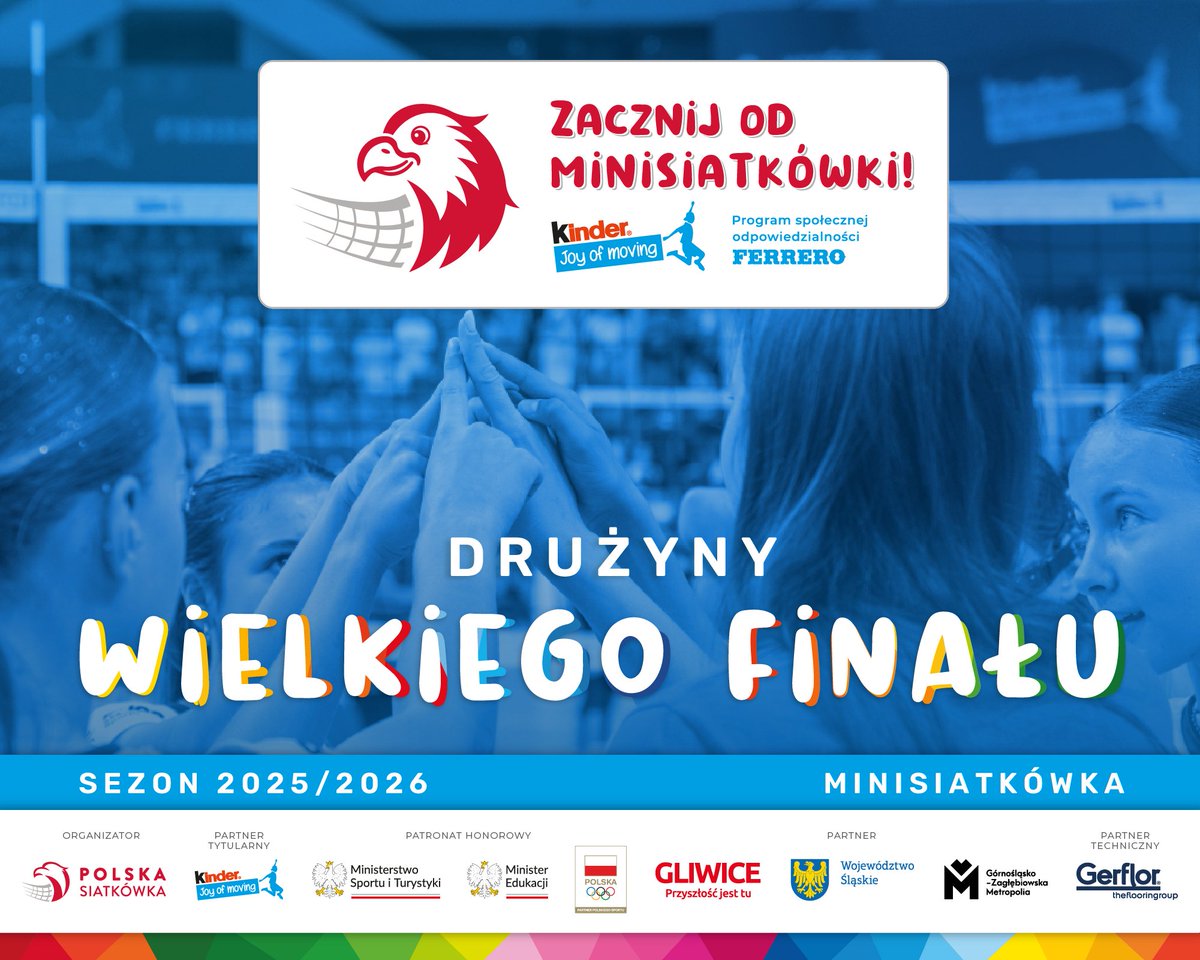 PolskaSiatkowka's tweet photo. Zaledwie kilkanaście godzin dzieli nas od 32. edycji Wielkiego Finału Ogólnopolskich Mistrzostw w Minisiatkówce im. Marka Kisiela o Puchar KINDER Joy of moving, która ponownie zawita do @Miasto_Gliwice, a areną zmagań @prezero_arenag 

🔎 https://t.co/w08PejCcBd

Patronaty honorowe na turniejem objęło: @SPORT_GOV_PL , @MEN_GOVPL, @pkolpl 

Partnerem tego sportowego wydarzenia jest @PrasoweSlaskie, @metropoliagzm, a partnerem technicznym Wielkiego Finału jest Gerflor Polska