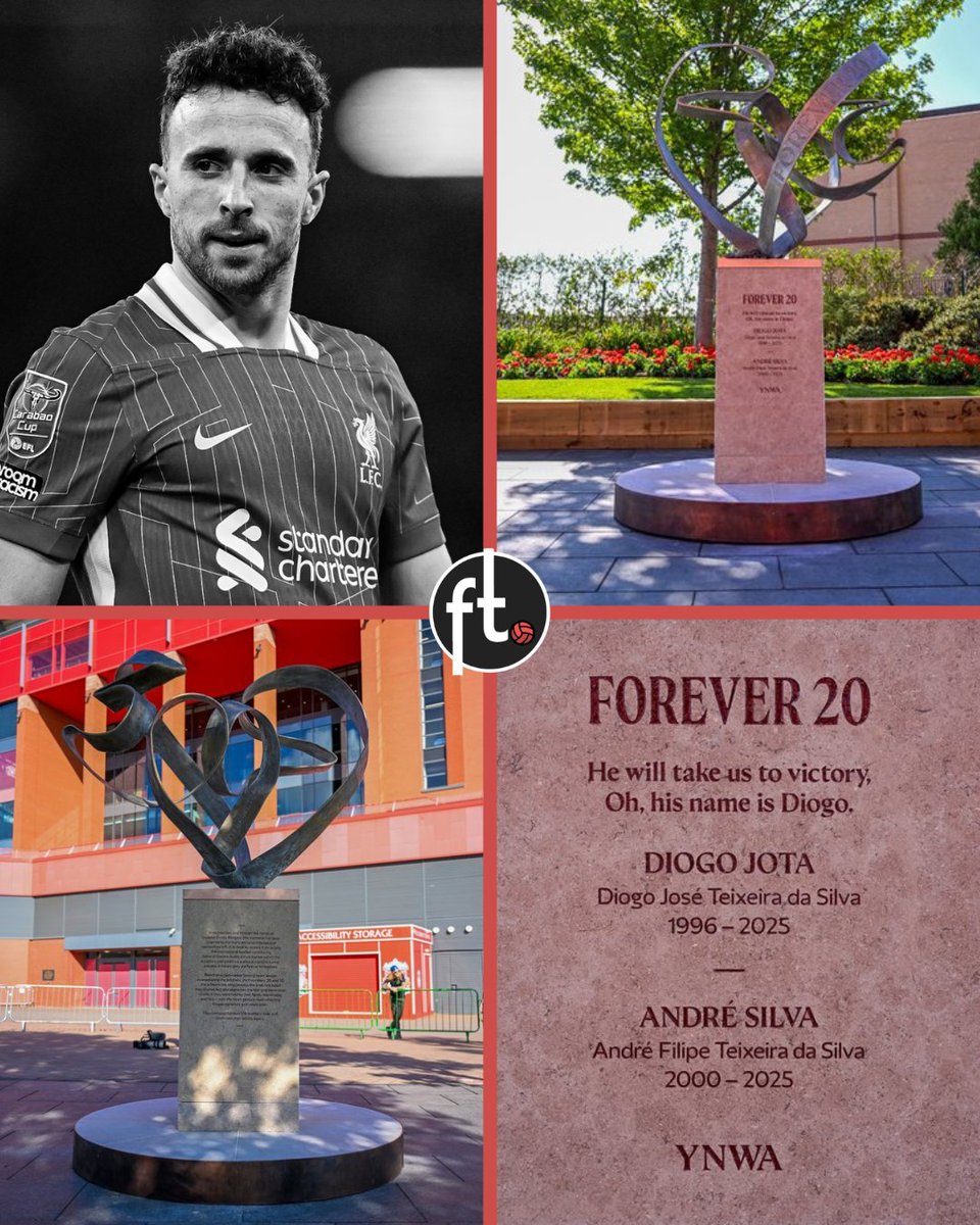 Footballtweet's tweet photo. ❤️ Liverpool have unveiled a permanent memorial at Anfield in honour of Diogo Jota and his brother André Silva, ahead of the first anniversary of their heartbreaking passing.

Named 'Forever 20', the tribute celebrates their lives, their unbreakable bond, and the lasting love and admiration they continue to receive from family, teammates and supporters around the world.

At its heart is a flowing sculpture, designed by renowned artist Emma Rodgers, inspired by Diogo's iconic goal celebration. From different angles, it reveals the numbers 20 and 30 — the shirt numbers proudly worn by the two brothers.

A beautiful and fitting tribute. ❤️