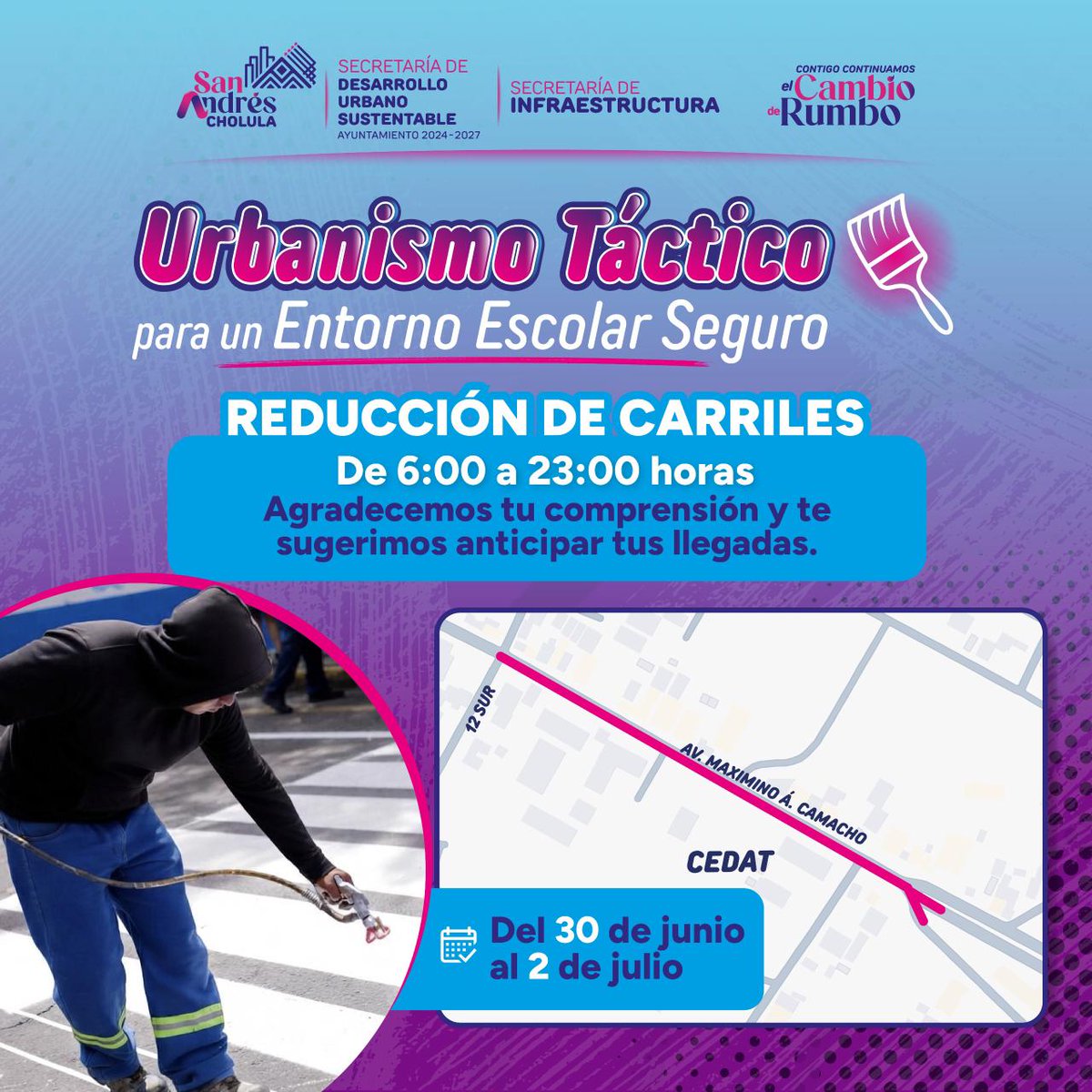 SnAndresOficial's tweet photo. Estamos 🚧 trabajando para darte los mejores resultados.
Hasta este 2 de julio llevaremos a cabo una “Jornada de Urbanismo Táctico” en inmediaciones del CEDAT. 

Ante la ⚠️ reducción de carriles, agradecemos la 🙏🏼 comprensión de la ciudadanía. https://t.co/W7ginMh3Js
