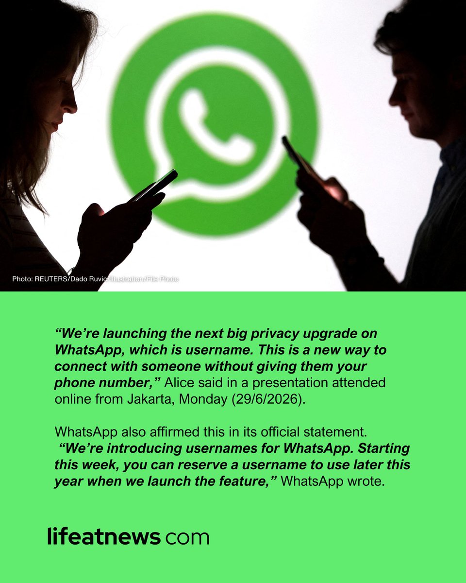 lifeatnews's tweet photo. WhatsApp Introduces Username Feature, Users Can Message Without Sharing Phone Numbers.
Read more at: https://t.co/hQy6vkPyXw
#WhatsApp #Username #Feature #FeatureUsername #WhatsAppUsername https://t.co/3Oyr8KkzN1