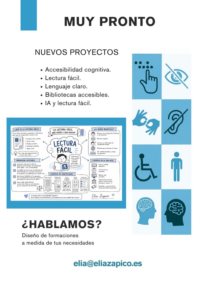 EliaZapico's tweet photo. Nuevos proyectos y formaciones.
Trabajando para que la información, los materiales y los espacios sean más fáciles de comprender y utilizar para todas las personas.
#lecturafácil
#accesibilidadcognitiva
#formaciones
#proyectos https://t.co/2bGRV6GHwV