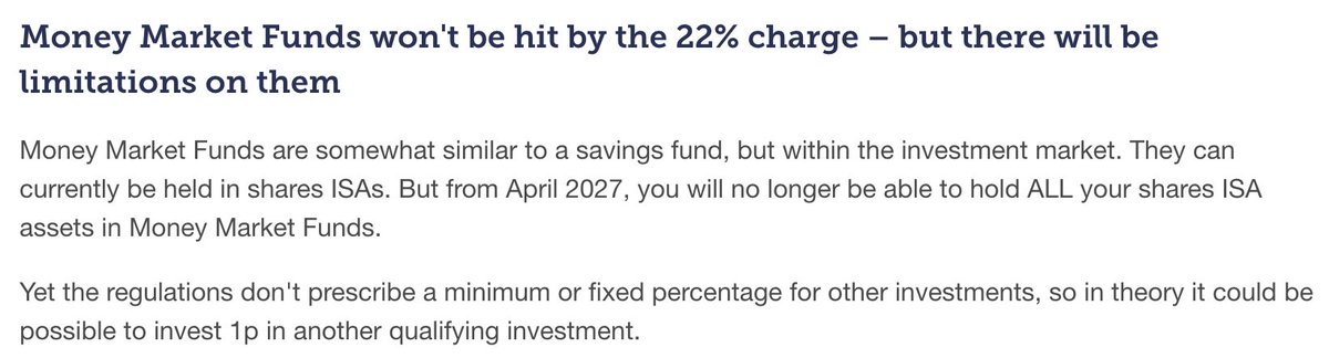 FynnCapital's tweet photo. Scared of being forced to invest the £8k that used to sit in cash?

From 2027 you can still hold money market funds inside a Stocks &amp; Shares ISA, near-cash, low risk, still "invested."

There are options. 
Panic isn't one of them. https://t.co/CP7Mv01olu