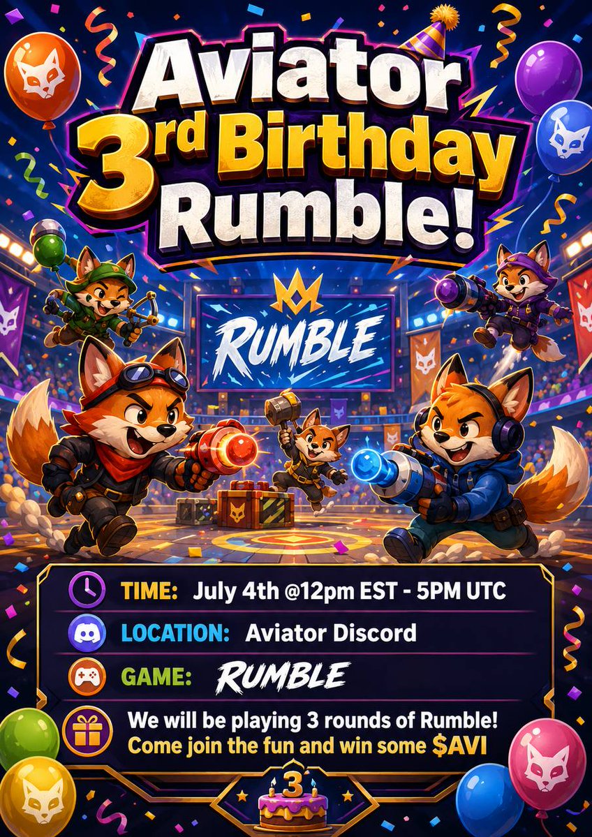 airfox_ac's tweet photo. This weekend we're having a birthday Rumble event in our Discord! Be sure to join us at 12pm EST to compete for $AVI prizes! 🥳

Join here ➡️ https://t.co/s3UhVyC99Q https://t.co/NRz2x1oHB1