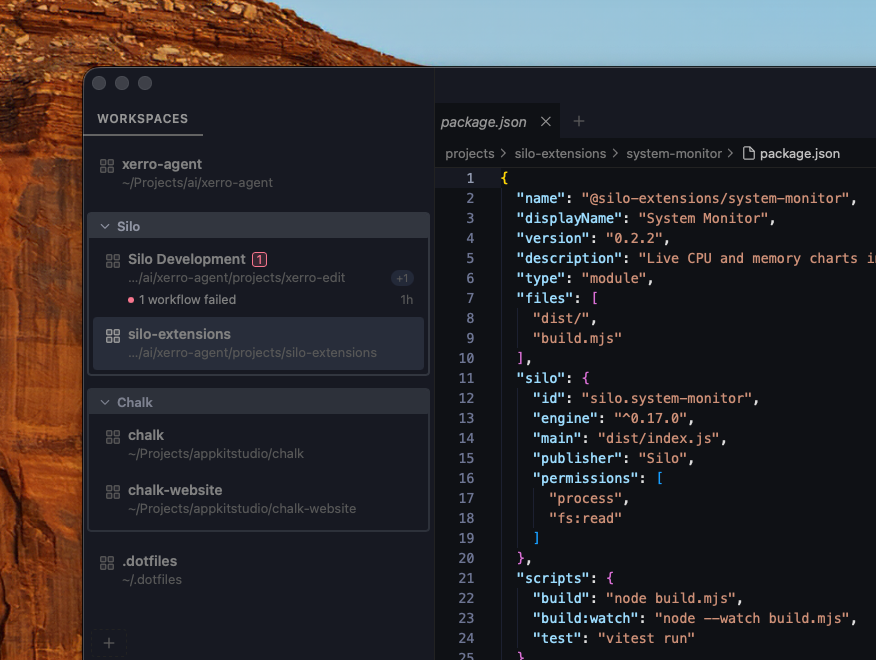 silo_code's tweet photo. Two new Silo updates:

Workspace Groups — named, color-coded groups with drag-and-drop reordering.

GitHub Actions — live CI status in the status bar, badges per workspace, one-click re-runs. https://t.co/6BzrVwzSBi