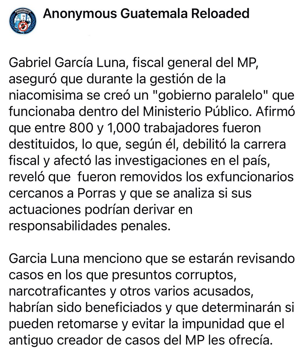 LosAnonymousGT's tweet photo. Gabriel García Luna, fiscal general del MP, aseguró que durante la gestión de la niacomisima se creó un "gobierno paralelo" que funcionaba dentro del Ministerio Público. Afirmó que entre 800 y 1,000 trabajadores fueron destituidos… https://t.co/CSwKe4CF3T