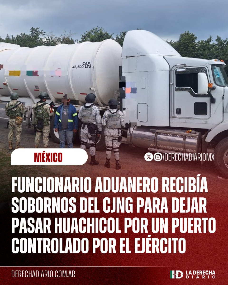 DerechaDiarioMX's tweet photo. 🚨🇲🇽🇺🇸 | Un funcionario de la ANAM recibía sobornos por cada pipa para permitir el paso de huachicol vinculado al CJNG a través de una aduana bajo control militar en Matamoros, Tamaulipas, según reveló Reforma tras conocerse las sanciones de EE.UU. a empresas ligadas al cártel, en donde se menciona que los recursos obtenidos del trasiego servían para financiar campañas políticas en México.