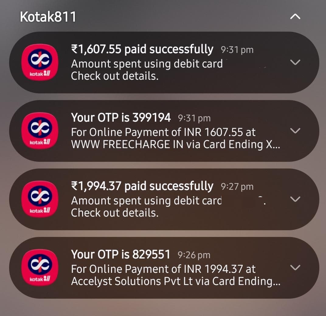 Urstruly_Gnana's tweet photo. KOTAK 811 DC × FREECHARGE

Get 5 percent CB by using Kotak 811 DC on Free Charge App.

Kotak DC CB Max Cap - ₹100 per transaction.
Convenience fee - 0.47% 

ELIGIBLE MERCHANT NAMES BEFORE TXN IN SMS PAGE:

WWW FREECH
Accelyst S

Refer to the 2nd photo for eligible OTP name through app.

Check the SMS page or app page. Don't check both and confuse yourselves.

MCC - NA

If anyone has the IDFC DC, let me know the MCC in the comments.

A bit late as I was playing around with the merchant names.