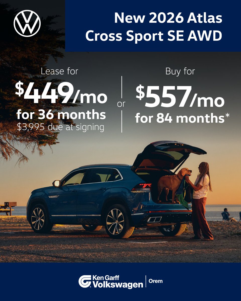 KGVWOrem's tweet photo. Hit the road in style with the new 2026 Atlas Cross Sport SE AWD! 🚗✨ Lease for just $449/month or buy for $557/month.

Shop now: https://t.co/Z5LguNuVUf

*See dealer for details. Offer Expires 7/31/26. https://t.co/j5n9IN9gB0