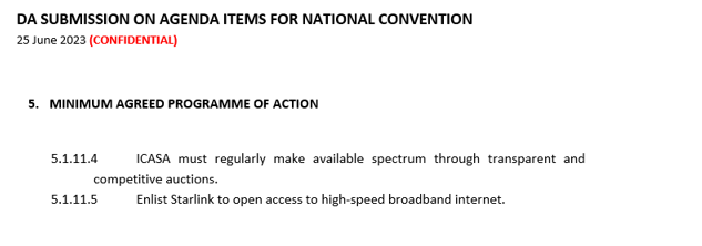 ME_Beaumont's tweet photo. 🚨The DA / Resolve / Starlink Timeline🚨

When the DA negotiated the Multi-Party Charter prior to 2024, they submitted the below policy, a pre-determined licensing outcome specifically for Starlink.

The DA sent Tony Leon in as the Chairperson of Resolve Communications to negotiate for the GNU for them.

The DA received the Ministry of Communications from the negotiations. Coincidence? 

It is later confirmed that Starlink is a client of Resolve Communications. Were they all along? 

Resolve Communications leverages DA connections to facilitate meetings between the DA Communications Minister and Starlink and, later, the then DA leader and Starlink. 

But nothing to see here folks... Its just lobbying...