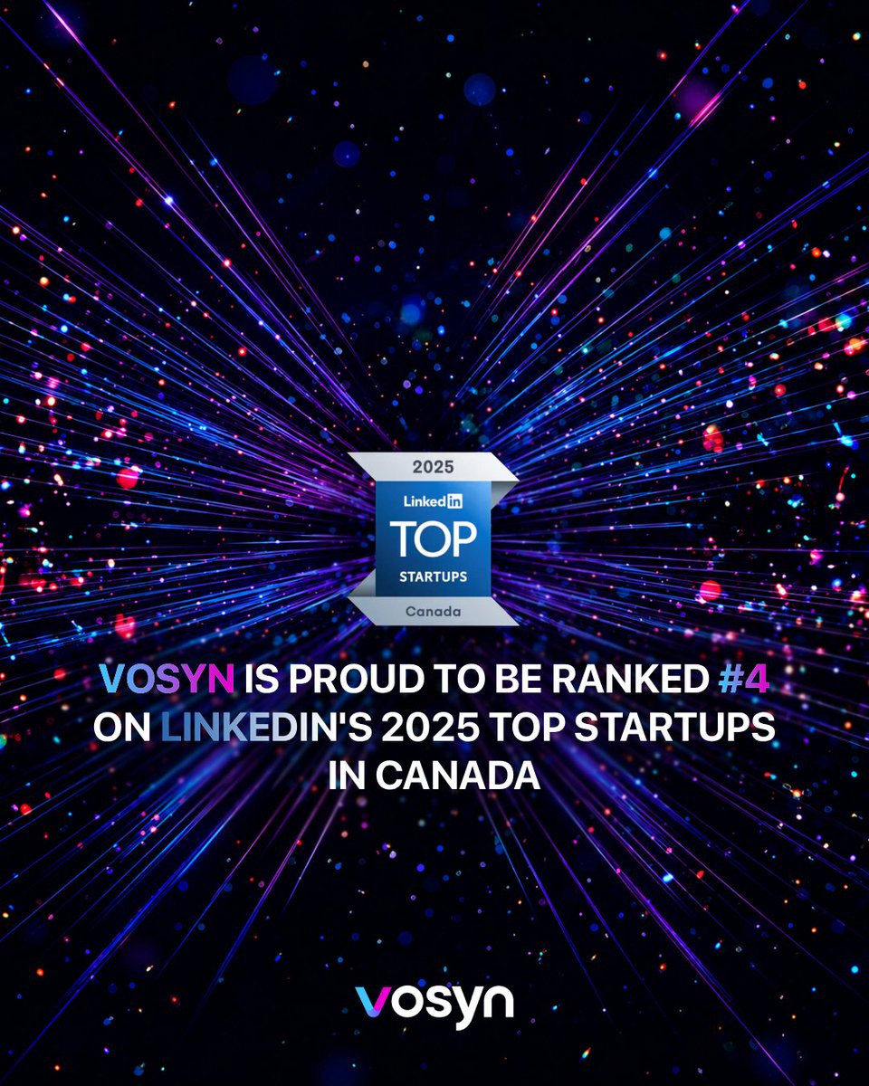 thevosynai's tweet photo. Canada’s #4 @LinkedIn Top Startups 2025! 🚀 

A huge milestone for Vosyn as we continue redefining global communication with Real-time AI.  

#Vosyn #VoiceAI #AI #TechInnovation #FutureTech https://t.co/GiPmQCheld