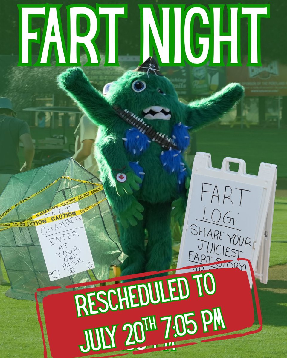 picklesbaseball's tweet photo. FART NIGHT HAS BEEN RESCHEDULED!

You really thought we would let fart night slide? July 20th at 7:05PM, FART NIGHT RETURNS (again)! We're talking the stinkiest, loudest, and hopefully not wet night of the summer. This is your sign, you NEED to get your tickets now!

Tickets purchased to the original 6/25 Fart Night will be valid for the rescheduled game, and make sure to check your email for more info. - https://t.co/lH8iX3QiF8