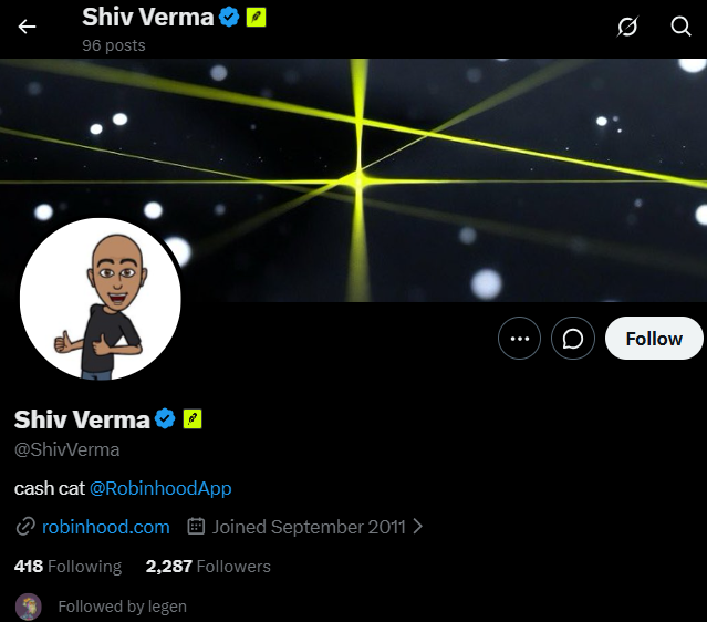 chugjugger55's tweet photo. CFO of Robinhood has $CASHCAT in his bio... @ShivVerma when is the Robinhood listing? https://t.co/AbQs9lDdhE