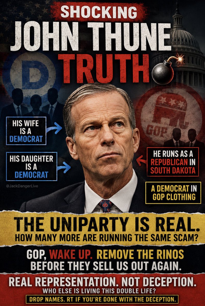 JackDangerLIVE's tweet photo. 🚨SHOCKING JOHN THUNE TRUTH 💣🚨

Senate Majority Leader John Thune’s wife AND daughter are DEMOCRATS… yet he runs as a Republican in blood-red South Dakota??

The only reason this guy says he’s conservative is to get elected. 

Deep down? 

He’s one of THEM. 

A Democrat in GOP clothing.

And he’s not alone.

How many Democrats, locally and nationally, are pulling this exact scam? Running as “moderates,” “conservatives,” or “independents” in red areas, then flipping the second they’re in power? 

Infiltrating school boards, state houses, Congress… all while their real values stay hidden until it’s too late.

The uniparty isn’t a conspiracy. It’s a strategy.

GOP, wake the hell up and REMOVE the RINOs before they sell us out again.

Voters deserve REAL representation, not wolves in red sheep’s clothing.

Who else is living this double life? 

Drop names below. RT if you’re DONE with the deception. 🔥