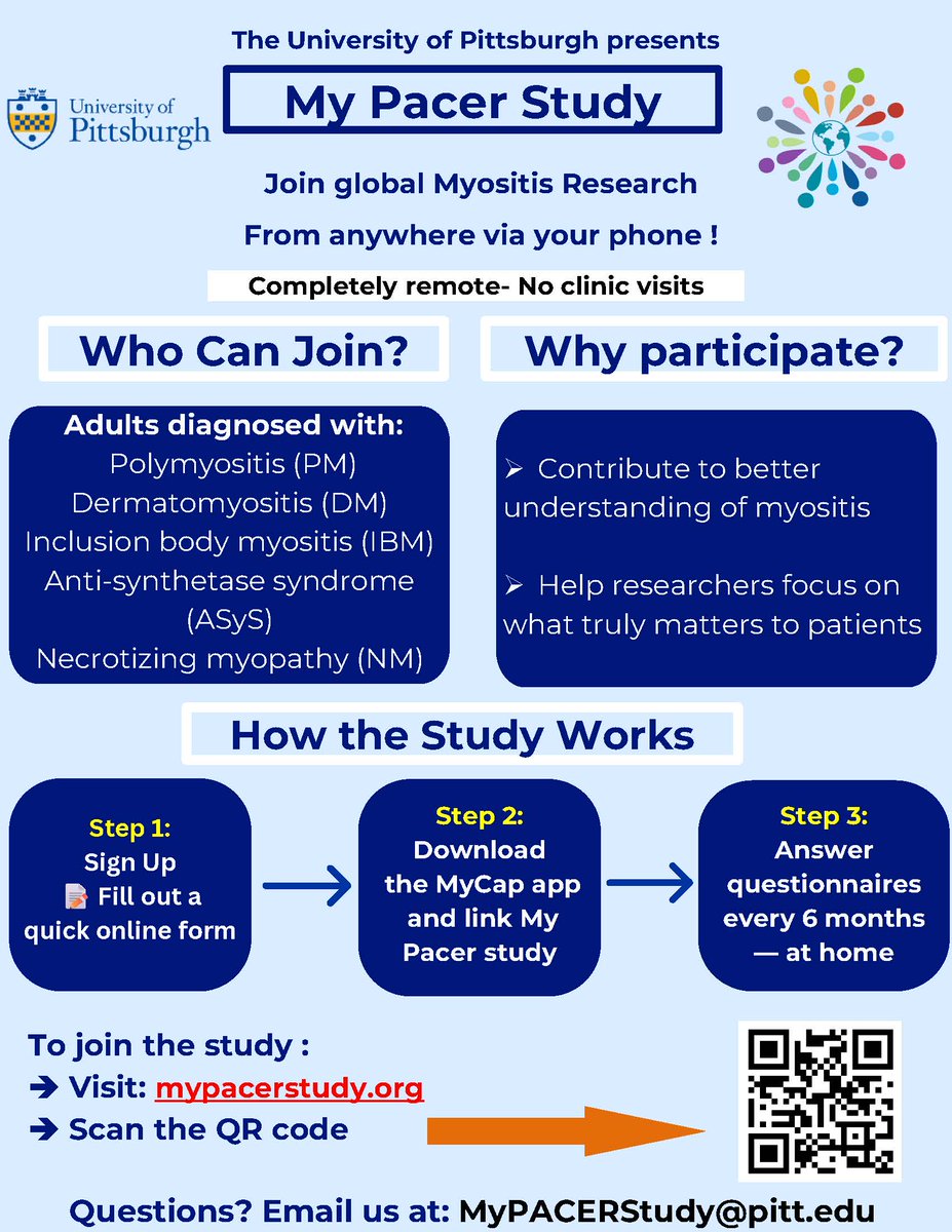 docrota's tweet photo. 🧠 Living with myositis?
You can help advance research-right from your phone, anywhere in the world
Join My PACER Registry, a global myositis study by the University of Pittsburgh. 
🔗 https://t.co/RFCn9FQ1Mh
#Myositis #Dermatomyositis #Polymyositis #MyositisResearch #RareDisease https://t.co/zhdbyPHcSq