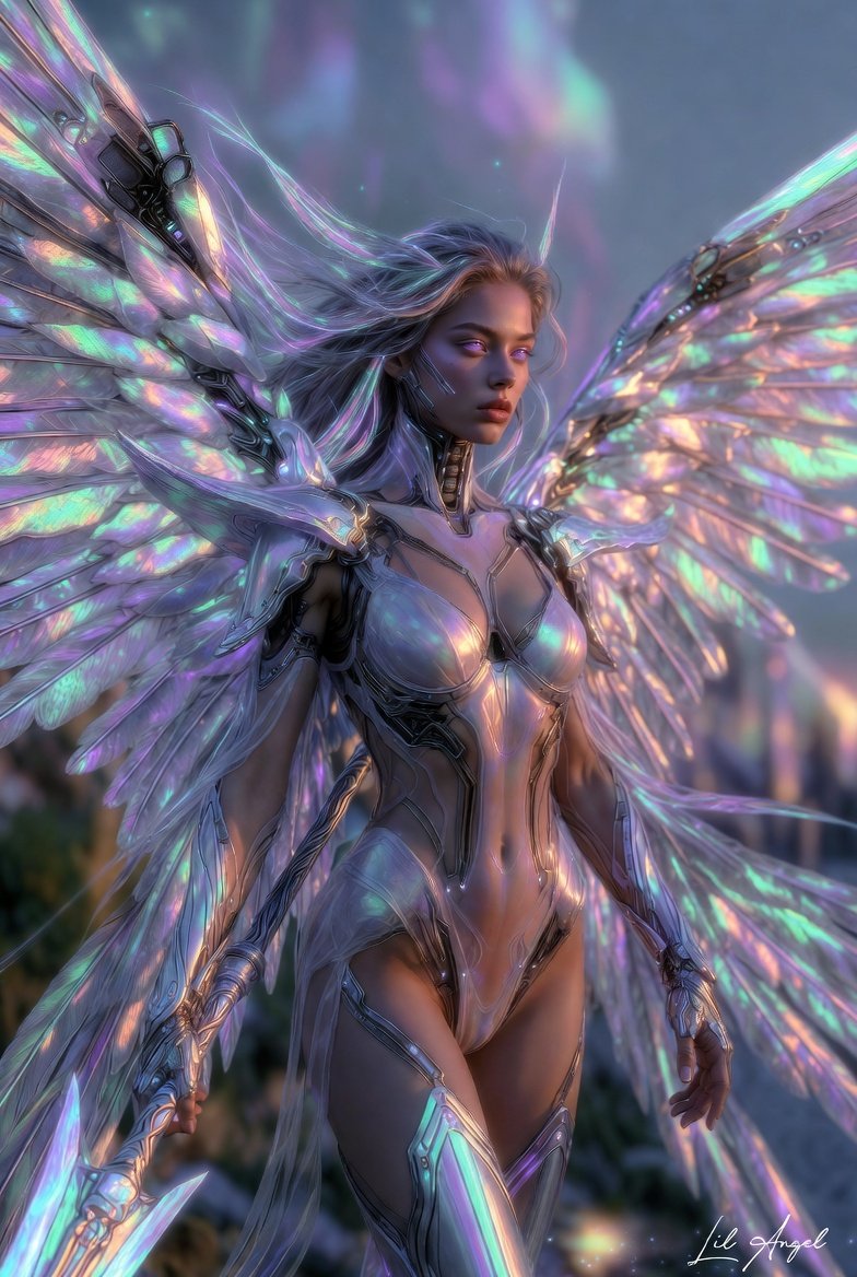 CLAngelillo's tweet photo. 🌈 Wings of living aurora.
Armor kissed by alien stars.
She moves between realms like a dream made lethal.
The Lil Angel just stepped out of a nebula.
And reality isn’t ready. ✨⚔️
#AuroraAngel #IridescentWings #SciFiFantasy #CelestialTech https://t.co/F5usDJxX6N