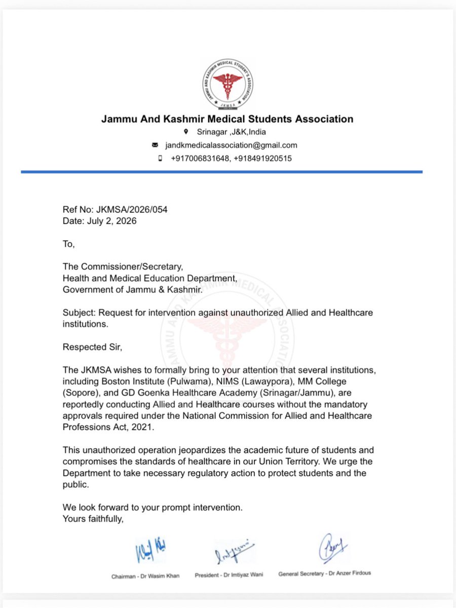 JKMedicalAsso's tweet photo. @sakinaitoo @OmarAbdullah @parawahid @JKSTUDENTSASSO @NasirKhuehami @RuhullahMehdi @GreaterKashmir @RisingKashmir @DailyExcelsior1 https://t.co/rdGzVljHfa