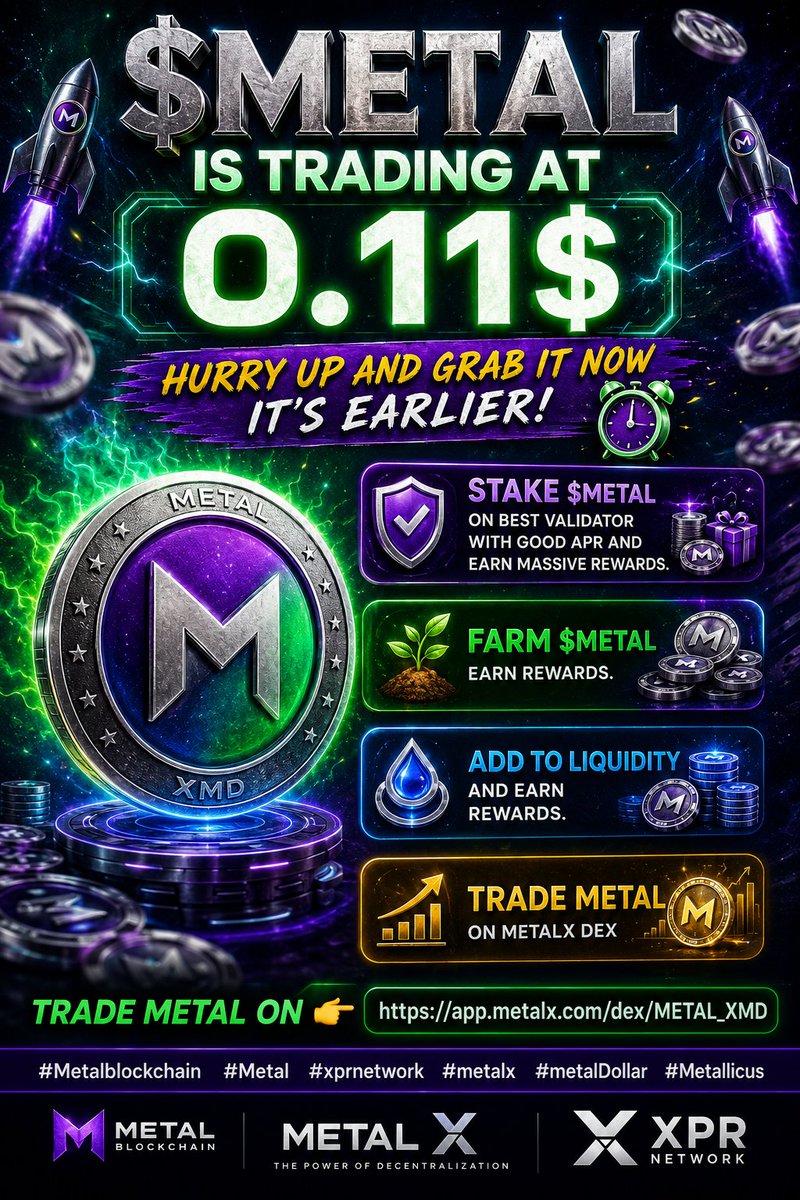AnthonyOgbuefi1's tweet photo. $METAL IS TRADING AT  0.11$
Hurry up and grab it now it's earlier.
Stake $Metal on best validator with good APR and earn massive Rewards.
FARM $Metal earn rewards.
Add to Liquidity and Earn rewards.
Trade metal on 👉https://t.co/q5E0WatoX7
#Metalblockchain #Metal #xprnetwork #metalx #metalDollar #Metallicus @MetalBlockchain @MsJbTDBN @metalxofficial @MarshallHayner