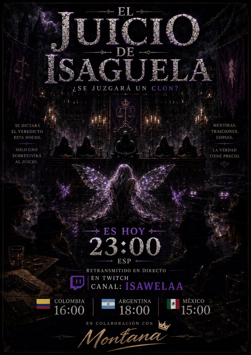 SrUsa1980's tweet photo. ⛓️El juicio de los juicios ya está aquí.

👁️‍🗨️ Se podrá acceder mediante clave secreta.

🟣 En directo (Twitch): Isawelaa

💎 Colaboración oficial con Montana. https://t.co/2qO1HkuOan