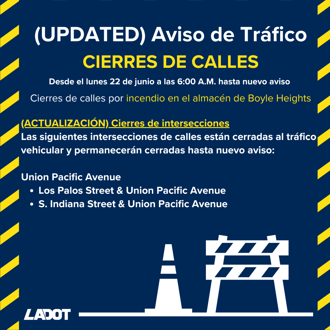 LADOTofficial's tweet photo. ⚠️ Aviso de tráfico: Cierre de calles en Boyle Heights
Desde el lunes 22 de junio, varias intersecciones en Boyle Heights están cerradas al tráfico vehicular hasta nuevo aviso. Se recomienda a los conductores planificar, calcular tiempo extra de viaje y utilizar rutas alternas. https://t.co/00wv3bTA4Z