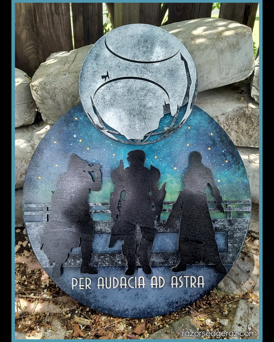 RazorsEdgeRaz's tweet photo. Through Boldness to the Stars

2026's Booth Raffle item for @GCXEvent - May you always have your Fireteam with you. 

17.9" x 22" wood paneling hanging with light up starscape background.

As always - 50% of ticket proceeds to be donated to St. Jude.

#destiny2art #destiny2AOTW https://t.co/BWpEmcMDJN