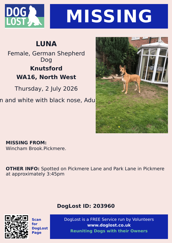 millypod1's tweet photo. π2 JULY 2026 #Lost Luna #ScanMe
German Shepherd Dog Female
Spotted on Pickmere Lane and Park Lane in Pickmere at approximately 3:45pm
Wincham Brook #Pickmere #WA16
#Knutsford #Cheshire
https://t.co/4w66bHe82N https://t.co/KJQ09z4BFV