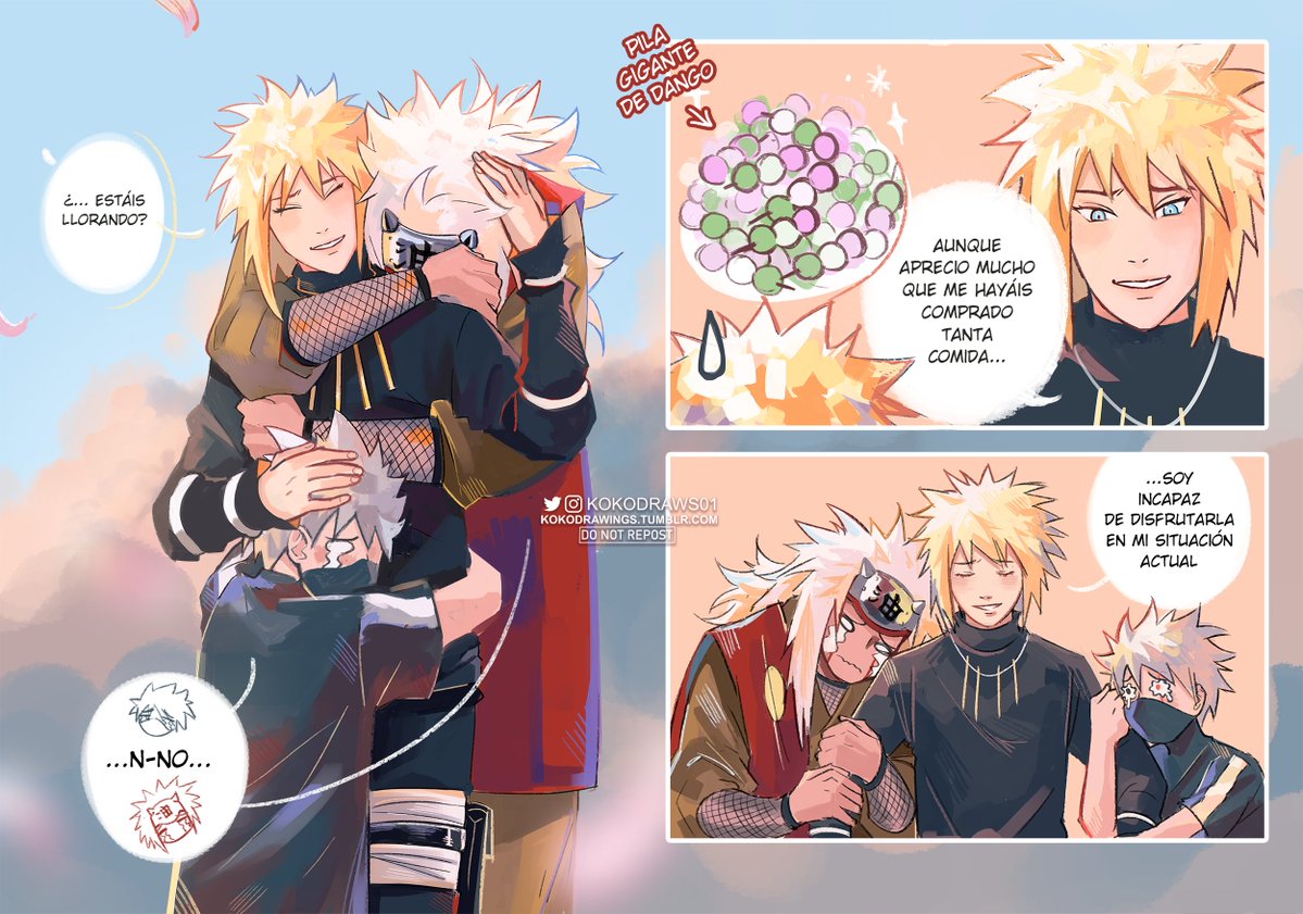 KokoDraws01's tweet photo. Jiraiya y Kakashi terminan en el pasado tras sus muertes a manos de Pain (versión en español 💖) https://t.co/F9zjV5en9W