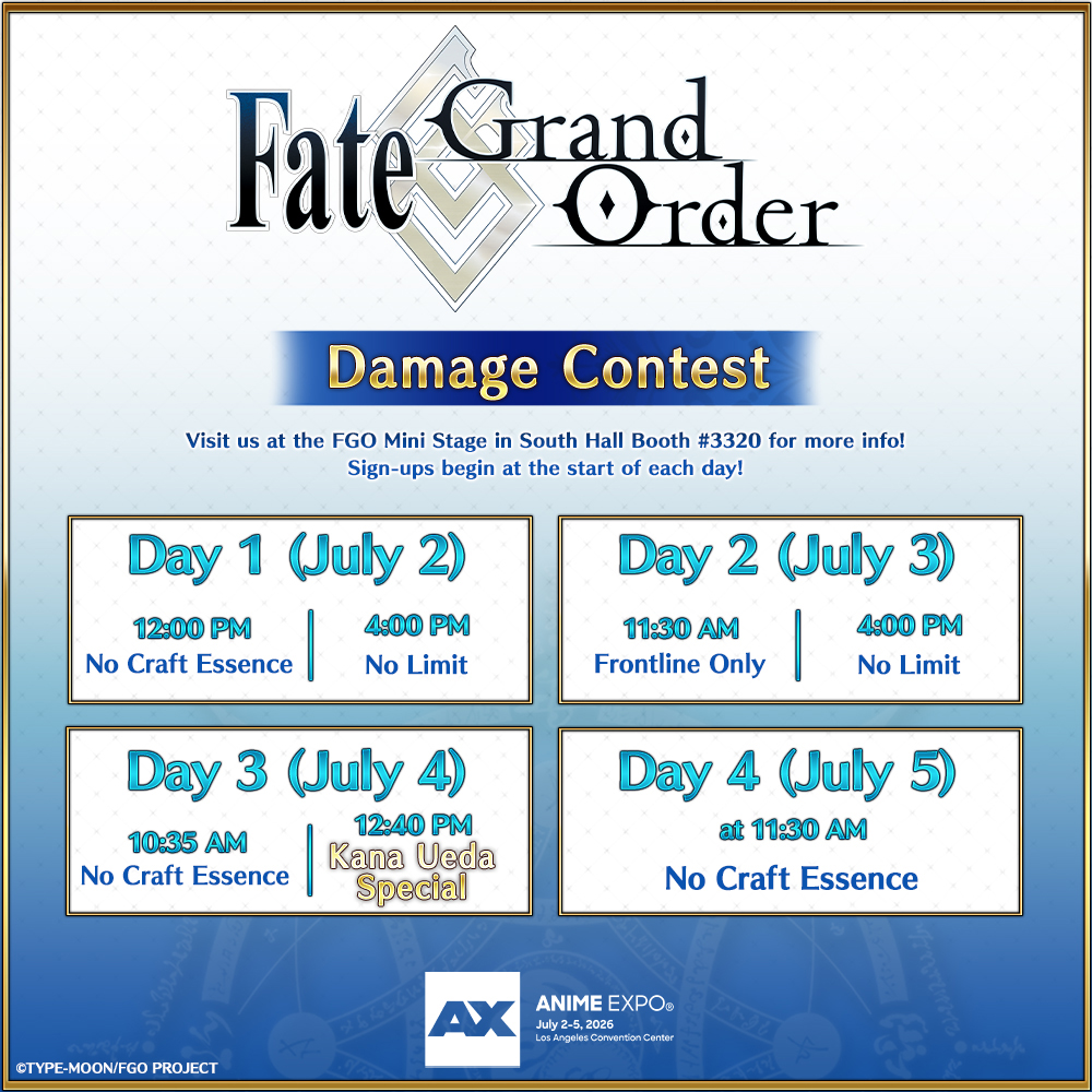 FateGO_USA's tweet photo. Our first Damage Contest is about to begin! Participating Masters must have no Craft Essence equipped! Let's see how much damage we can rack up! Sign up for more Damage Contests this weekend at South Hall Booth #3320!

#FateGOUSA #AX2026 https://t.co/Bkd268j9OL