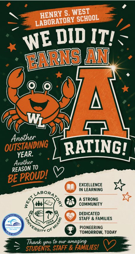 westlabschool's tweet photo. Our "A" rating reflects the strength of our school community &amp; the power of working together. To our faculty &amp; staff, parents &amp; families, thank you for your trust, encouragement &amp; continued partnership. Together, we’re #PioneeringTomorrowToday 
#YourBestChoiceMDCPS https://t.co/dEiNL6ZHJS