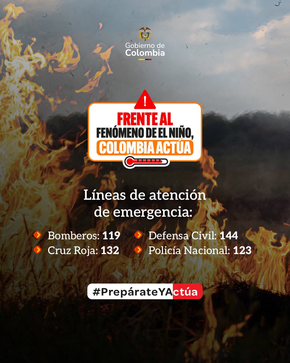 MinAmbienteCo's tweet photo. La prevención también implica estar preparados para actuar ante cualquier emergencia.

Conocer y utilizar oportunamente las líneas de atención puede ayudar a proteger vidas, ecosistemas y comunidades.

Hacemos un llamado a todos los territorios a prepararse ya. El IDEAM confirma un 96% de certeza de que viviremos una sequía extrema entre diciembre 2026 y febrero de 2027. Por eso, es vital destinar recursos y activar de inmediato los planes de prevención y respuesta ante sus posibles impactos.

Frente al fenómeno de El Niño, Colombia actúa.