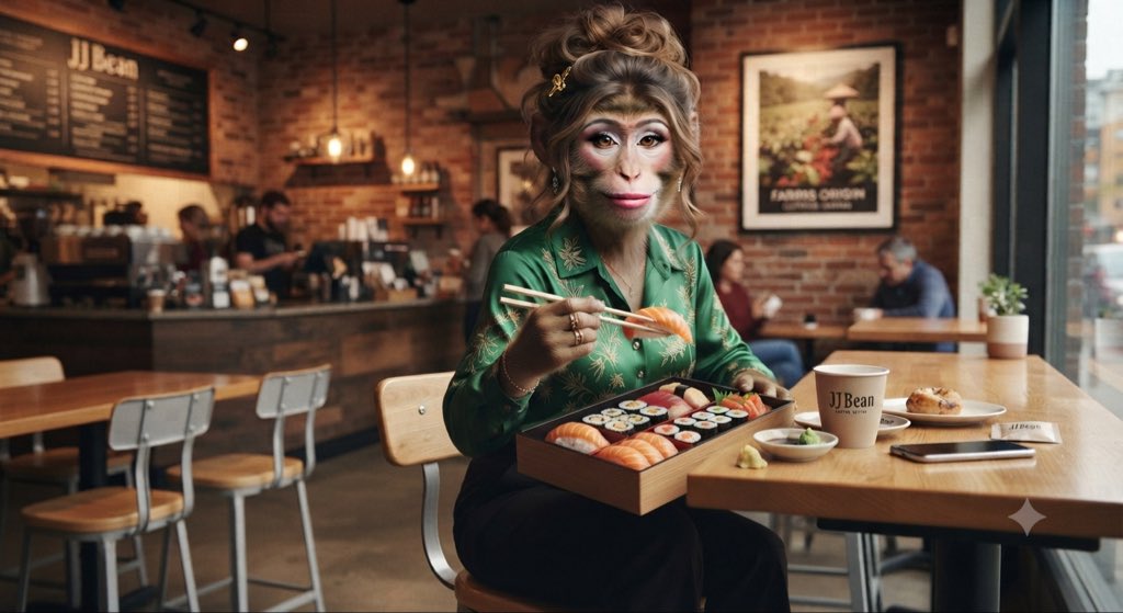 AliTorabiAT's tweet photo. She clearly didn't get the memo that JJ Bean is famous for coffee and pastries, not a raw fish buffet! ☕️🍣🐒💅✨ #JJBean #CoffeeBreak #SushiLunch #MonkeyBusiness #StyleIcon https://t.co/SxoW0qPWZE
