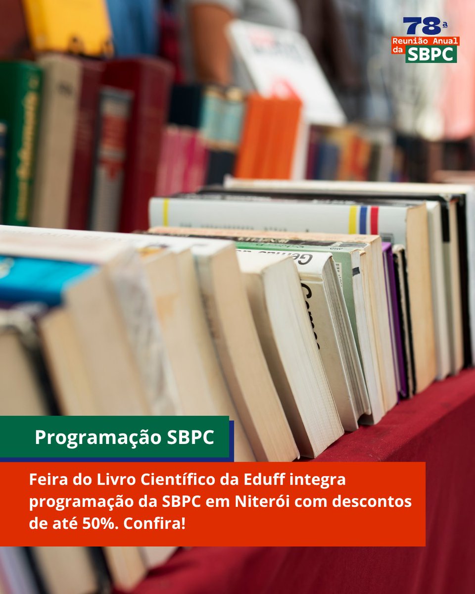 uff_br's tweet photo. Uiii, desconto de até 50% em LIVRO!💨

Entre 27 e 31/7, a Eduff faz a Feira do Livro Científico como parte da 78ª Reunião Anual da SBPC. O evento será no Bloco G do Campus do Gragoatá e reunirá diversas editoras acadêmicas, com esses BIG descontos! 

https://t.co/8IRAAavY9o https://t.co/lzo7Q3DCKR