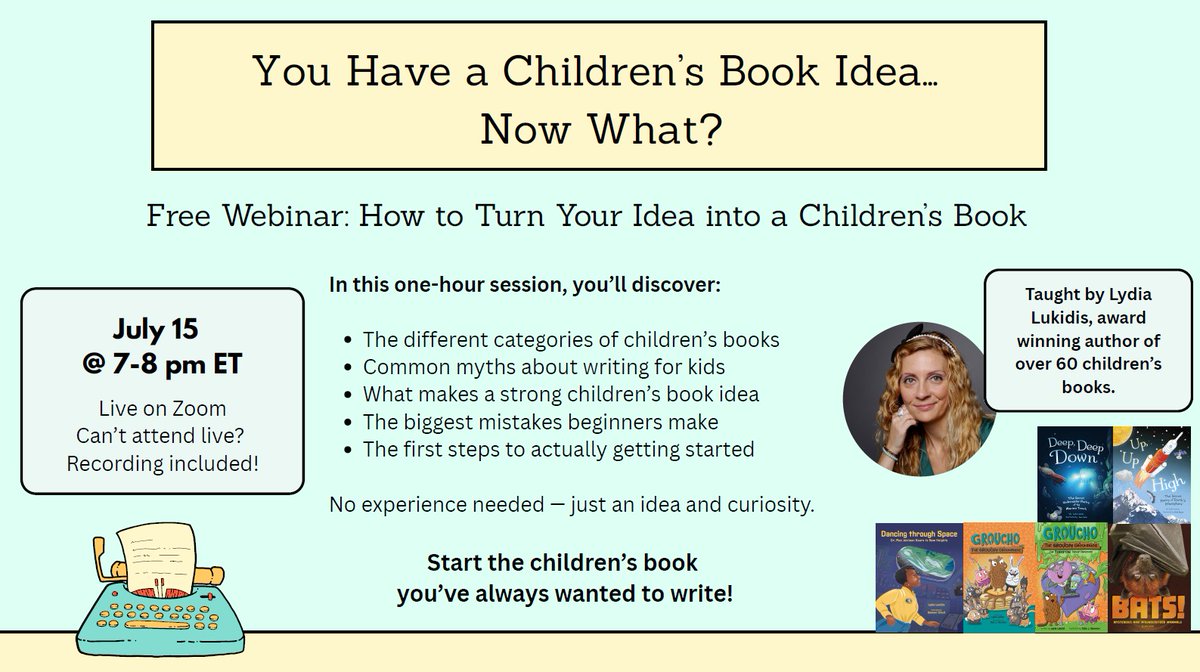 LydiaLukidis's tweet photo. 📚My FREE children's book webinar is almost here! Learn how to get started, avoid common mistakes, and take your first steps toward publication.
Sign up here: https://t.co/DdxQ6P0Duh
#KidLit #WritingCommunity #amreading #amwriting #webinar #books https://t.co/eltFieuKvN
