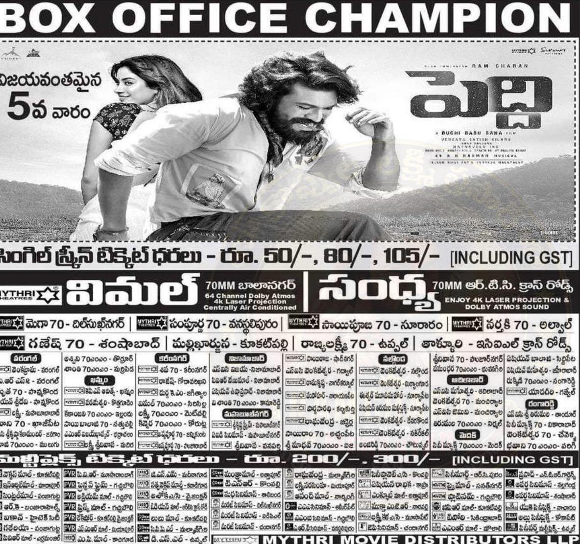 AlwaysAshokt's tweet photo. #PEEDI Entered into the 5th Week! In Telangana.🔥🔥

#RamCharan ✨ https://t.co/3cihU2KvpM
